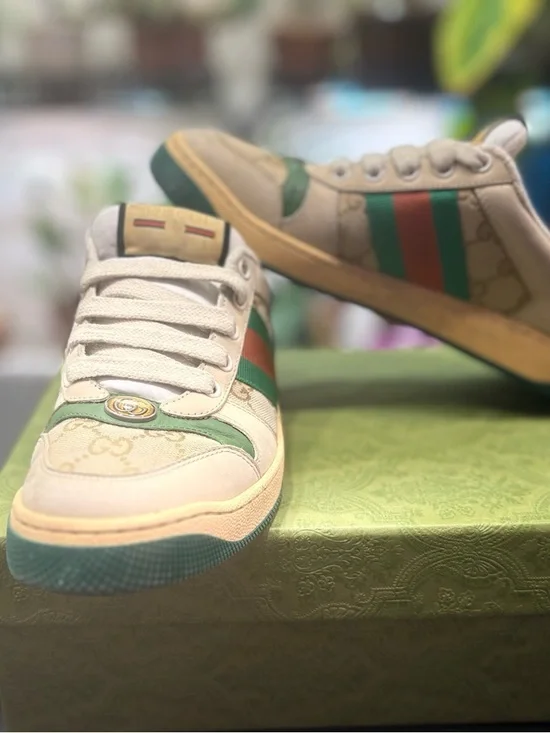 Gucci Beige, Green & Gold GG Canvas Sneakers - Picture 2 of 11
